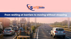 FASTag-enabled toll plaza showing transition from vehicle queues at barriers to smooth, uninterrupted highway movement in India
