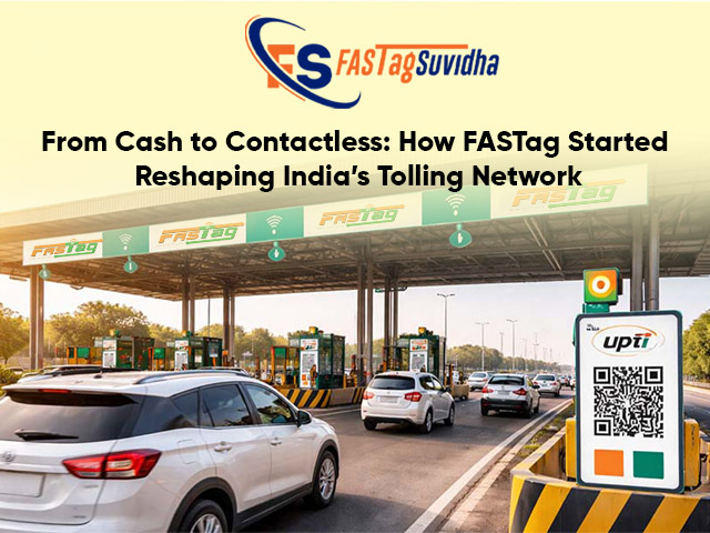“FASTag toll plaza in India with cars using contactless RFID-based digital payment system for faster highway movement.”