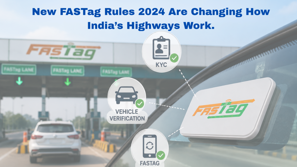FASTag verification system showing KYC update, vehicle verification, and digital toll management at an Indian highway toll plaza.