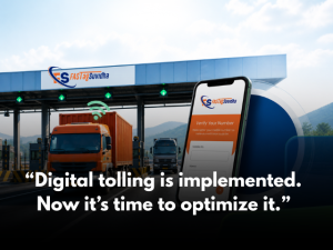 FASTag Suvidha app with trucks at toll plaza showing digital toll collection and smart logistics optimization in India