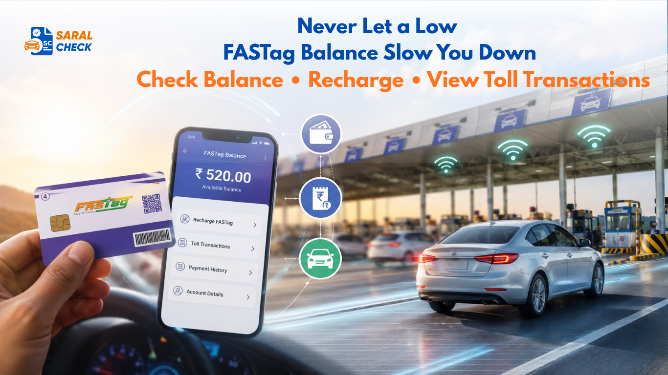 Illustration of checking FASTag balance online with a smartphone, FASTag card, and vehicle at an Indian toll plaza for instant recharge and toll transaction tracking.