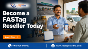 FASTag reseller program banner showing a representative issuing a FASTag and mobile app to a customer at a vehicle service center.