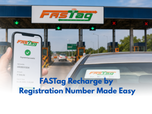 Person holding a smartphone showing successful FASTag recharge by vehicle registration number with a toll plaza and FASTag-enabled vehicle in the background.