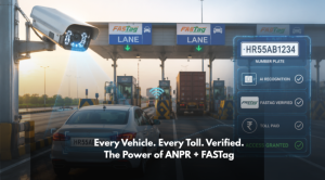 ANPR camera scanning a vehicle number plate at a FASTag toll plaza in India, demonstrating AI-powered vehicle verification and smart electronic toll collection.