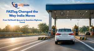 FASTag-enabled car passing through an Indian toll booth for seamless highway travel Caption: