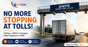 FASTag Suvidha ANPR barrier-free tolling system showing a truck passing under an ANPR gantry on an Indian highway