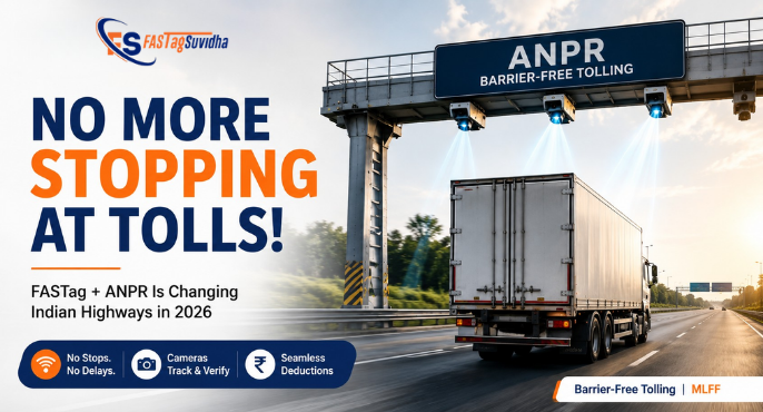 FASTag Suvidha ANPR barrier-free tolling system showing a truck passing under an ANPR gantry on an Indian highway
