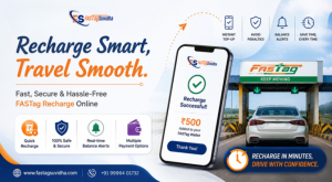FASTagSuvidha online FASTag recharge promotion showing a successful recharge on a mobile phone, toll plaza, quick recharge, balance alerts, secure payments, and hassle-free travel.