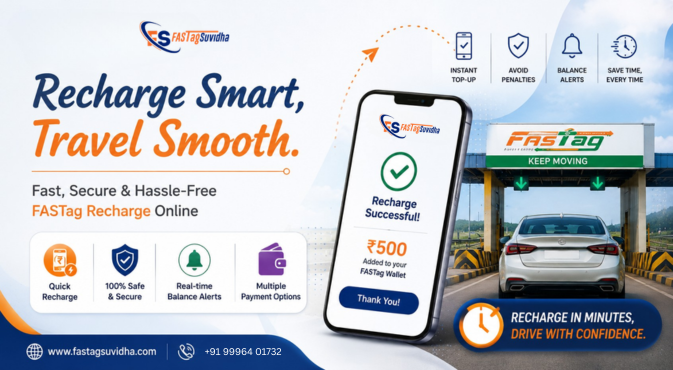 FASTagSuvidha online FASTag recharge promotion showing a successful recharge on a mobile phone, toll plaza, quick recharge, balance alerts, secure payments, and hassle-free travel.