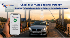 FASTag balance check using the FASTag Suvidha app on a smartphone at an Indian highway toll plaza with a vehicle passing through a FASTag lane.