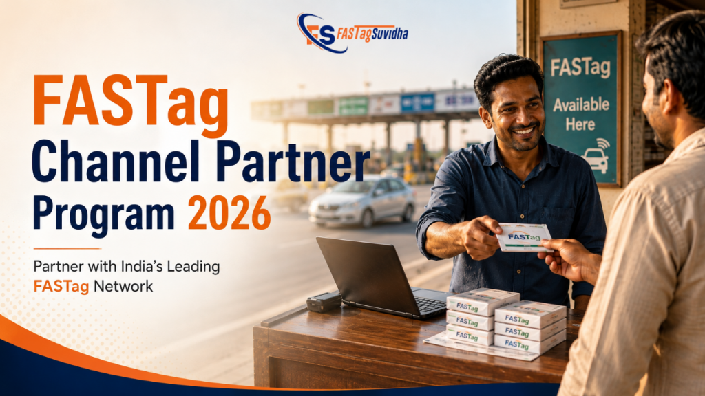 FASTag channel partner program showing a FASTag representative handing a FASTag to a customer at a roadside counter