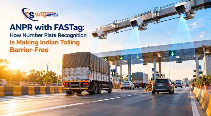 ANPR with FASTag system at an Indian toll plaza, using automatic number plate recognition cameras to enable barrier-free electronic toll collection for vehicles.