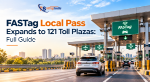FASTag Local Pass expands to 121 toll plazas, shown with a car approaching a FASTag-enabled toll plaza and city skyline in the background.