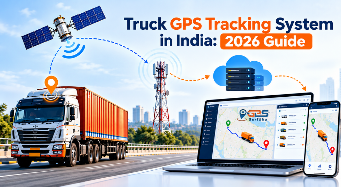 Truck GPS tracking system in India showing real-time vehicle tracking through satellite, cellular network, and GPS Suvidha dashboard.